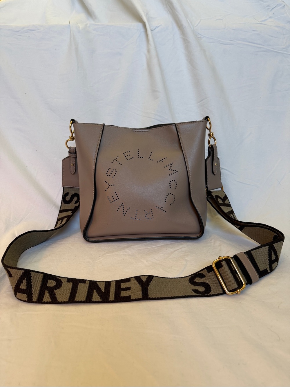 Stella McCartney Taupe Perforated Logo Square with Branded Jacquard Strap